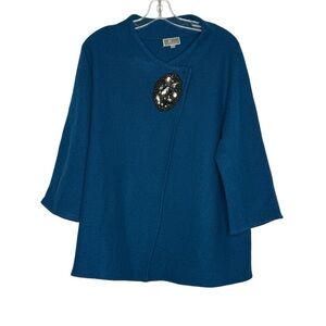 JM Collection 100% Wool Blue Teal Wrap Large Beaded Brooch Accent 3/4 Sleeves